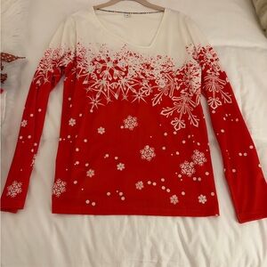 Red and White Snowflake Women's Top with slanted sexy neckline